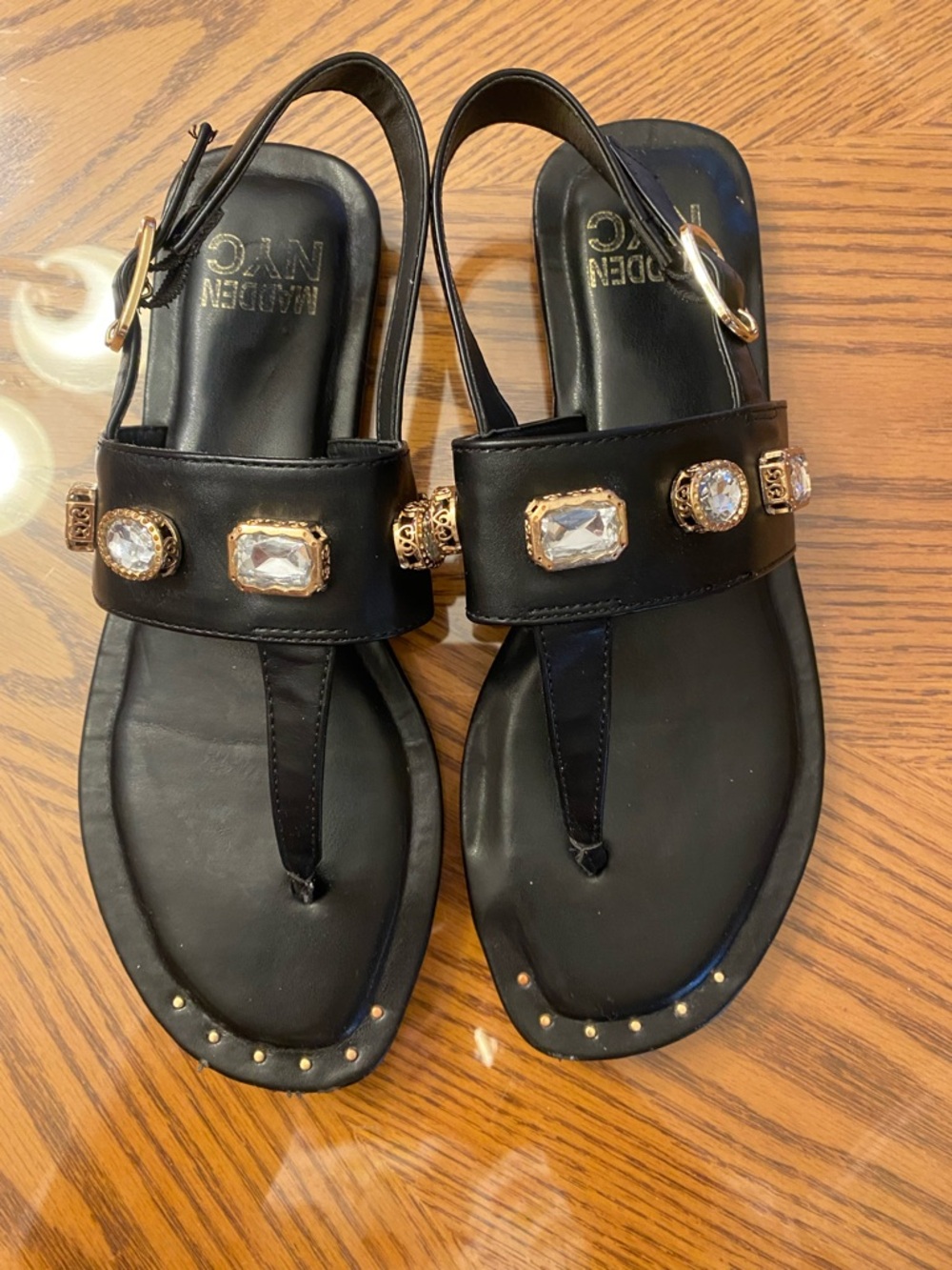 Black Jeweled T-Strap Sandals with Gold Accents - Women - Picture 2 of 3